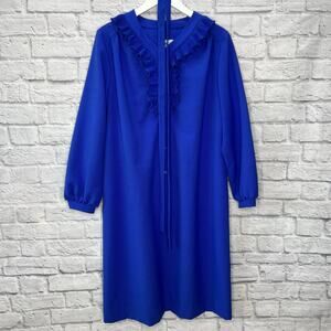 Mendel Vintage 60s 70s Blue Shift Dress Ruffle Button Belt L/XL Long Sleeve